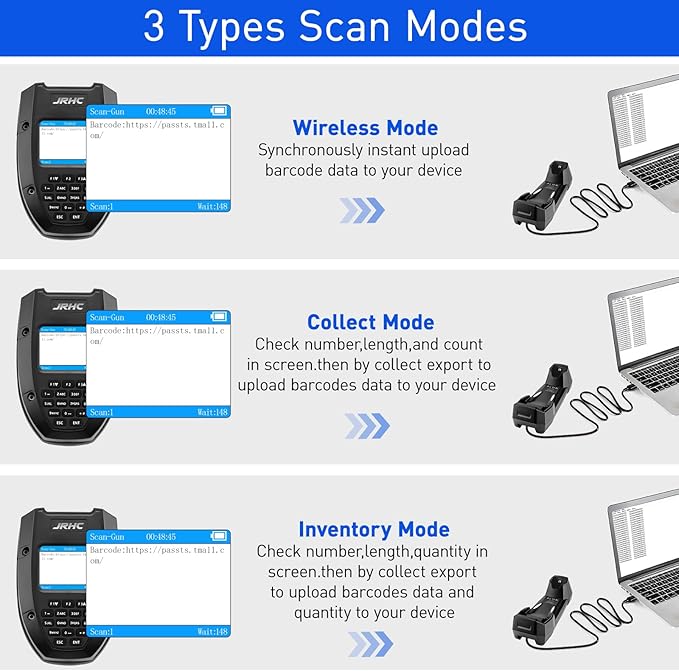 Inventory Scanner Wireless, JRHC 1D Laser Barcode Scanner with Charging Base Barcode Reader Data Terminal Data Collector 2- in -1 USB Connection & 2.4G Wireless Bar Code Scanners with Screen