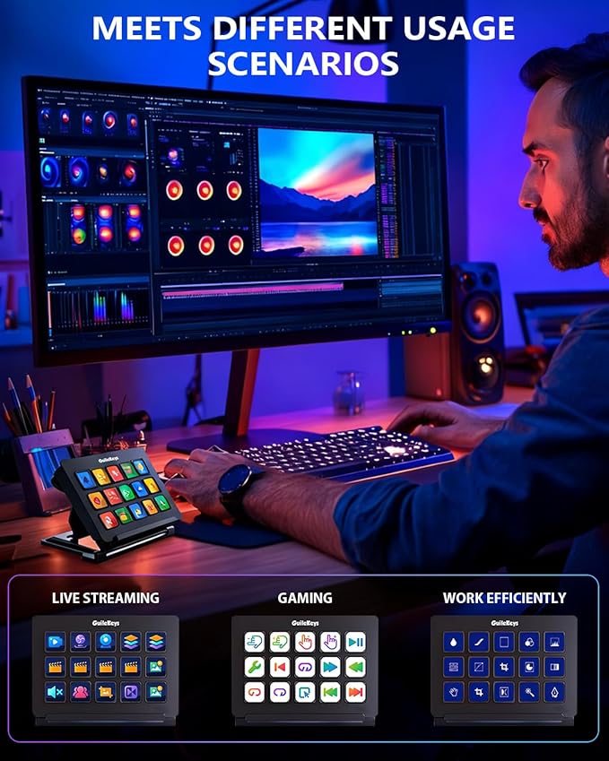 GuileKeys Stream Controller, Stream Deck with 15 Macro Keys Customizable, Gaming Macro Keypad with Trigger Actions in OBS/Twitch/YouTube/Streamlabs/Discord/Zoom, Compatible with Mac/PC, Foldable Stand