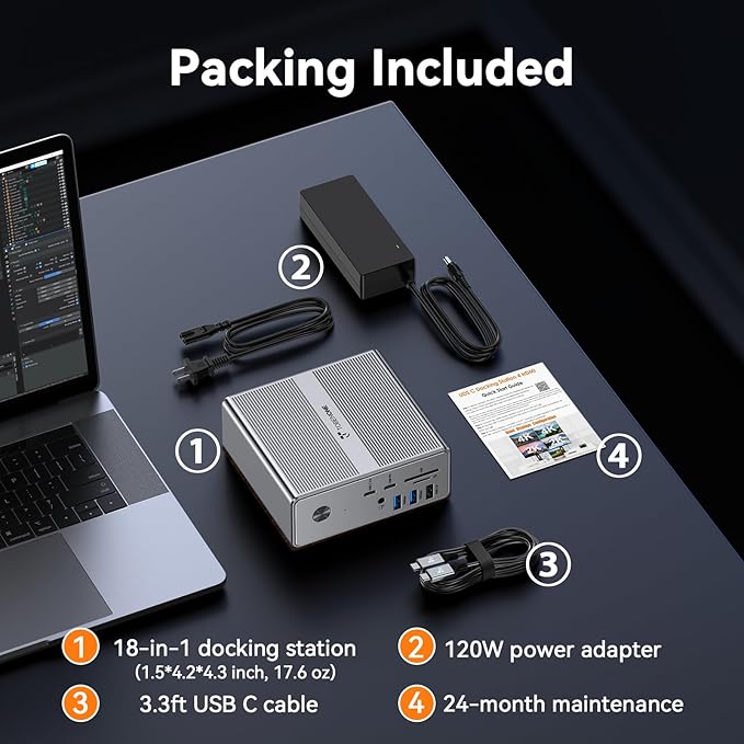 TobenONE Quad Monitor Docking Station with 4 HDMI, 18-in-1 DisplayLink Docking Station with 120W Charger, Dock for Thunderbolt 4/3 Laptops, USB-C Windows, MacBook(4 USB, 2 USB-C, Ethernet,SD/TF,Audio)