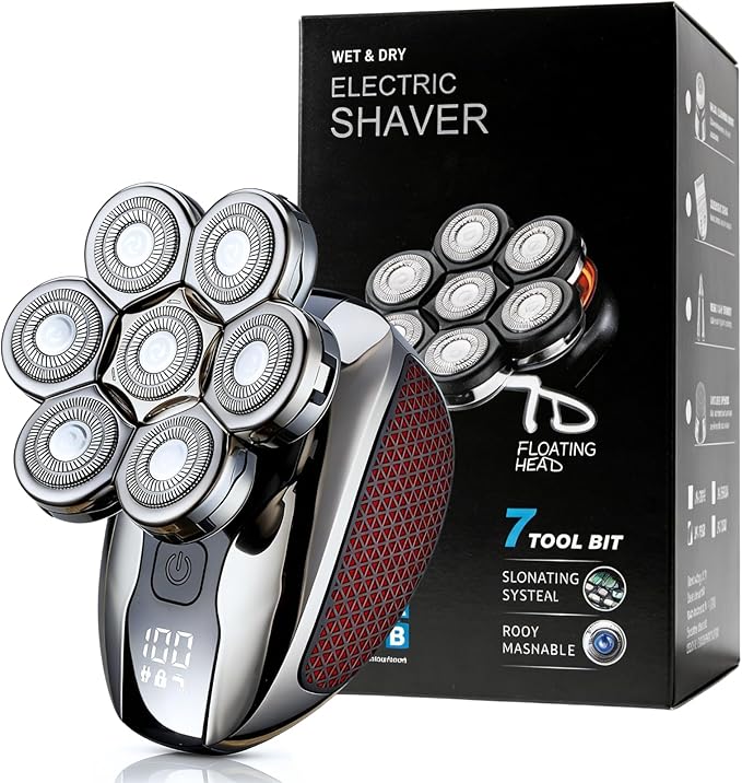 Head Shavers for Bald Men - 5-in-1 7D Floating Electric Bald Head Shavers for Men, IPX6 Waterproof Wet & Dry Use, LED Display Fast Rechargeable, Grooming Kit for Hair/Face/Beard