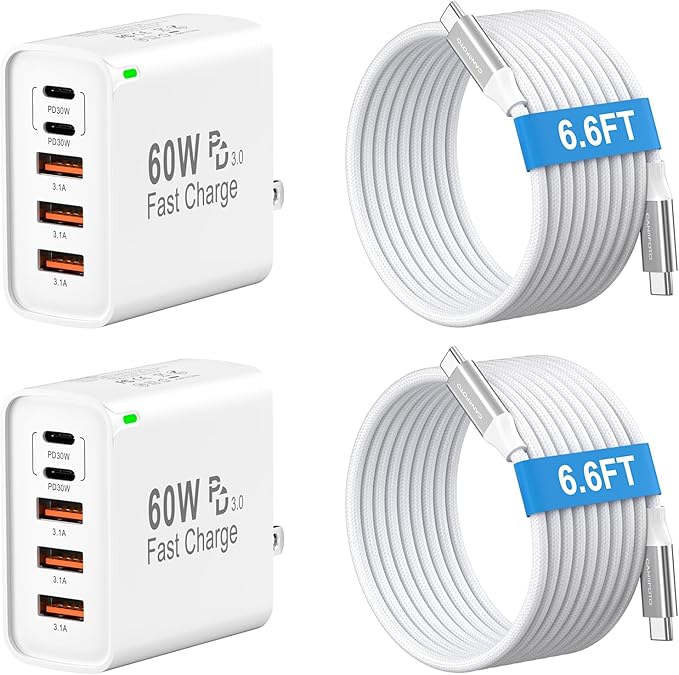 2Pack USB C Fast Charger Block, Total 60W 5-Port USB C Wall Charger with 6.6FT USBC to USBC Cord, 2USB C+3USB A PD 3.0 Multiport Charging Cube for iPhone 17 16 15 Pro Max, G-alaxy S25 S24 Ultra, i Pad