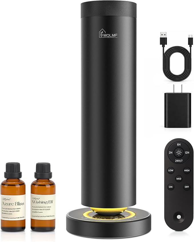 Waterless Diffuser,1500 Sq Ft,Ring Ambient Light,Rechargeable Wireless, Aluminum,Remote Control&Touch Buttons,Adjustable Fragrance Intensity&Timer,Hotel Collection Scent Machine - Satin Black