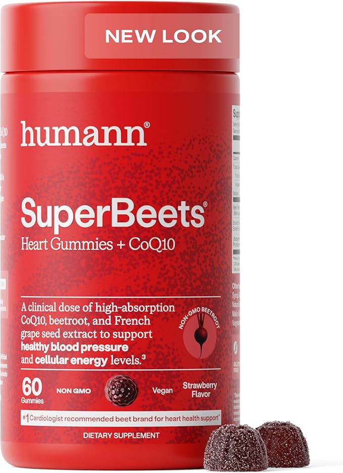 Humann SuperBeets 3-in-1 Heart Gummies - 3x Absorption CoQ10 - Plus Beetroot Extract & Grape Seed Extract for Advanced Heart Health, Cellular Energy & Circulation Support, Vegan, Gluten Free, 60 count