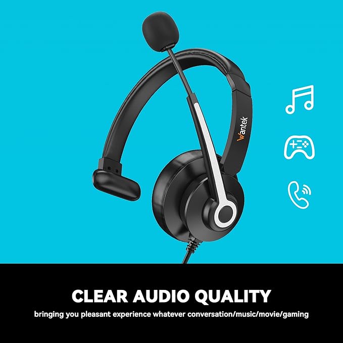 Wantek USB & 3.5mm Headset with Mic for PC/Laptop,Wired Headset with Noise-Cancelling Microphone & Audio Controls Perfect for Home Office Online Class Skype Zoom Call Center Webinar,Monaural