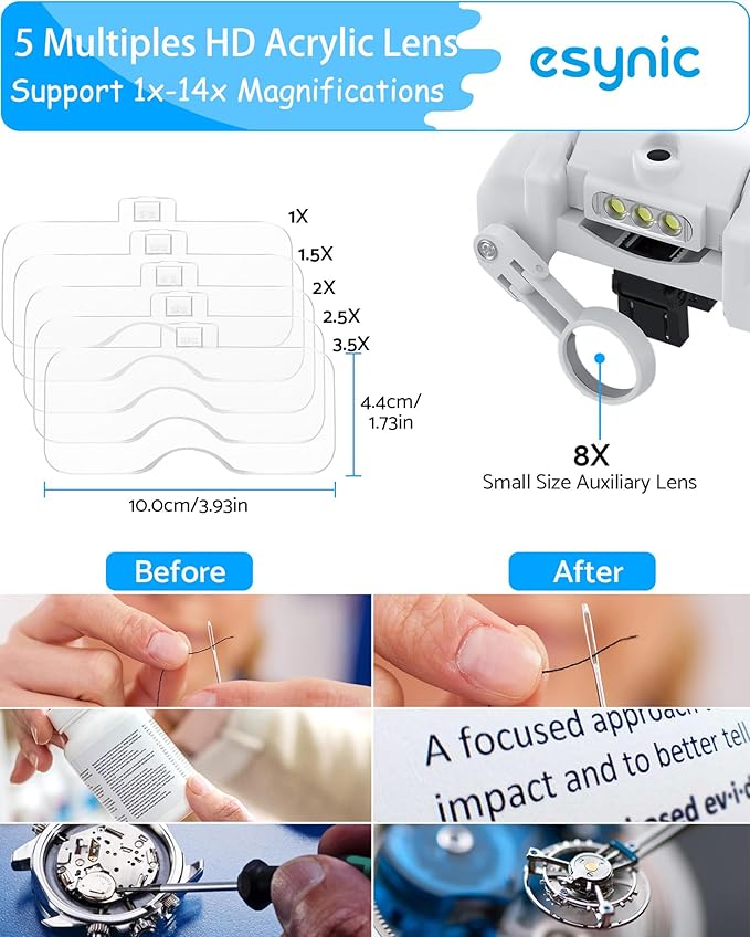 eSynic Comfortable Head Magnifier with Light Storage Case Rechargeable 1X-14X 5 Acrylic Lenses Double Lens Design Adjustable Headband Magnifying Glass for Reading Crafts Jewelry Repair Close Work