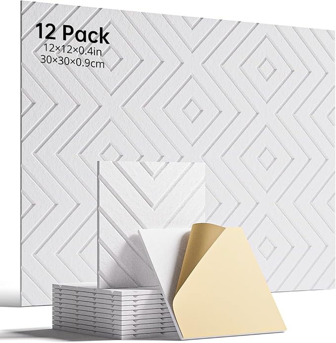 Woovio Sound Proof Foam Panels for Walls, 12 Pack Self-Adhesive Acoustic Panels, 12" X 12" X 0.4" Soundproof Wall Panels for Door, Ceiling, Home Office White