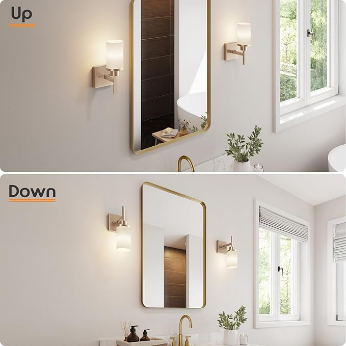 AONEON Vanity Lighting Fixtures with White Frosted Glass Shade, Champagne Bronze Wall Lamps for Bathroom Mirror Bedroom Living Room Porch, 2 Pack T001CPG-L1-P2