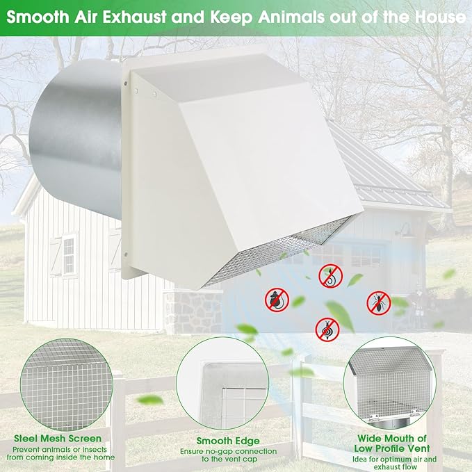 4 Inch Dryer Vent Cover Outside Hooded Wall Vent with Screen and Damper, Exhaust Vent Wall Mount Exterior Wall Vents Cover Cap for Dryer Ventilation&Outdoor Air Exhaust,Galvanized Steel,White