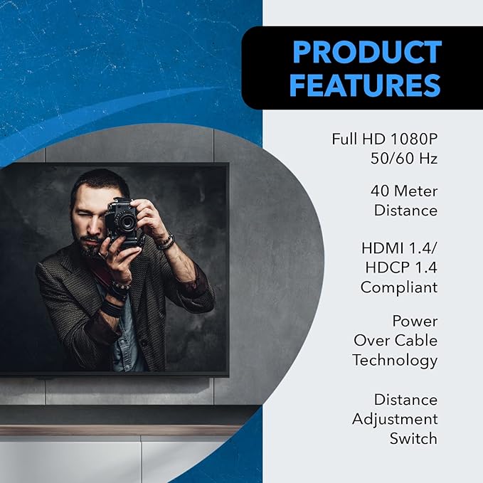 OREI 1080p HDMI Extender Over Ethernet up to 131 Feet - 1080@60Hz HDMI 1.4 HDCP 1.4, Over CAT6/7 Cable- Power Over Cable (EX-130C)