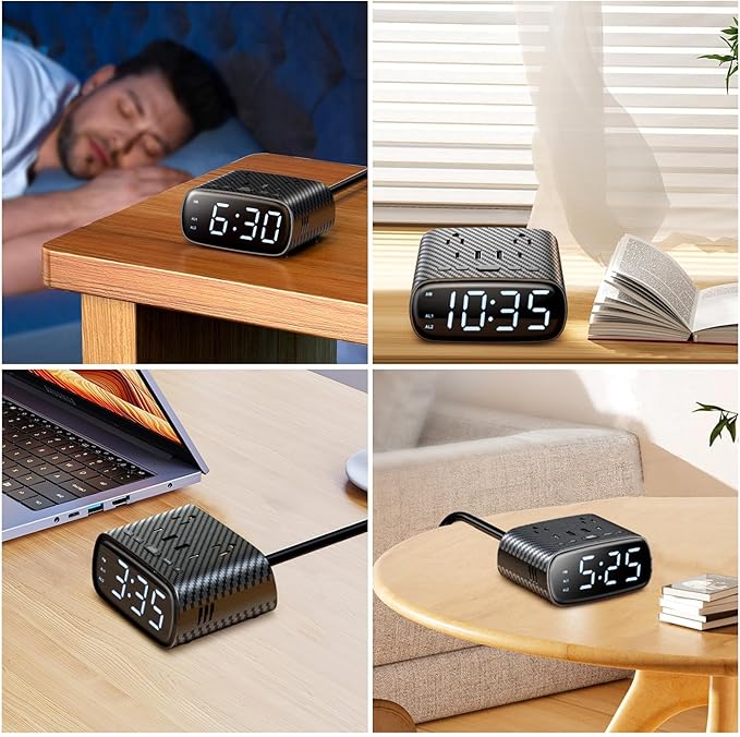 10PCS Alarm Clock with 2 USB-C, 2 USB-A Chargers Power Strip 2 Outlets - Screen LED Dimmable Digital Clock with Snooze Function - Dual Alarm for Bedside Nightstand