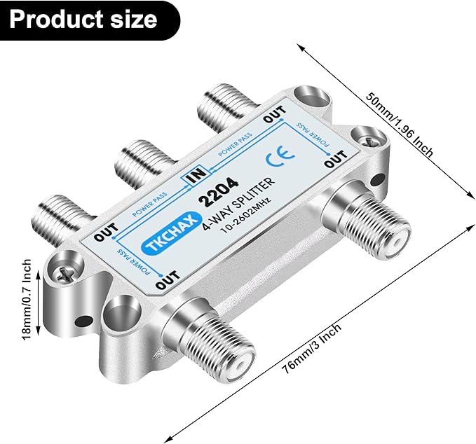 TKCHAX 4 Way Coaxial Cable Splitter,Support 10-2602MHz, RG6 Compatible, Nickel-Plated for Cable Splitter,Work with CATV, Satellite TV,Antenna System and MoCA Configurations