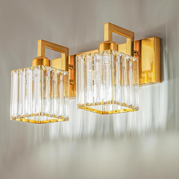 FDPBY Modern Bathroom Vanity Light 2-Lights Gold Crystal Wall Lamp Bathroom Modern Crystal Vanity Lighting