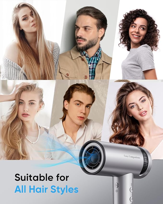 Cosy Companions Hair Dryer - High-Speed 150,000 RPM Hairdryer for Fast Drying, 500Million Negative Ionic & Thermo-Control & Cool Shot Button & HD Display Blow Dryer with Magnetic Diffuser & Nozzle
