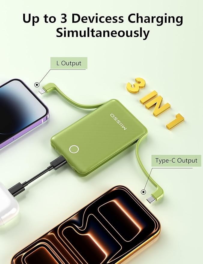 miisso 10000mAh Mini Portable Charger with Built in Cable, Pocket Size Power Bank Travel External Battery Pack for Phone, 3 Output USB Type C Cord Clutch Compatible with iPhone, Samsung, Green