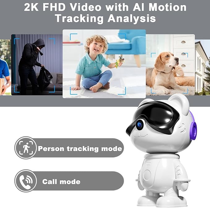 Dzcctvipc-Cute Bear-2K Wireless-Smart Robot-Home Security - Camera,Nanny & Pet Motion Monitor,Baby Cry Detection Alarm,Privacy Mode,5G Dual-Band,PanTilt,Full HD Night Vision,24/7 Recording,2-Way Audio