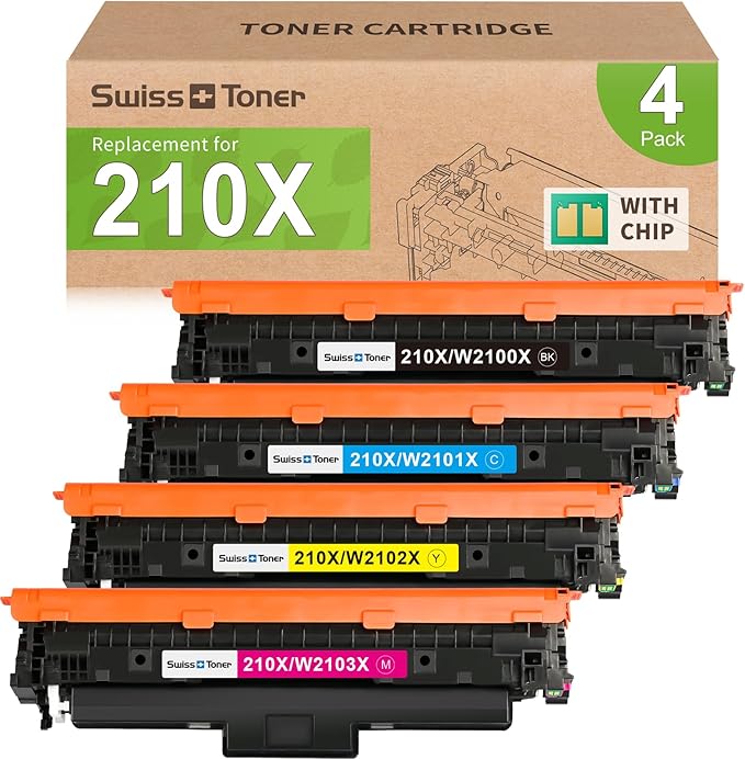 swiss toner 210X Toner Cartridges 4 Pack with Chip Compatible for HP 210X 210A Toner Replacement for HP Color LaserJet Pro MFP 4301fdw 4301fdn 4201dw Pro 4201dn 4201dw W2100A W2100X High Yield (BCMY)
