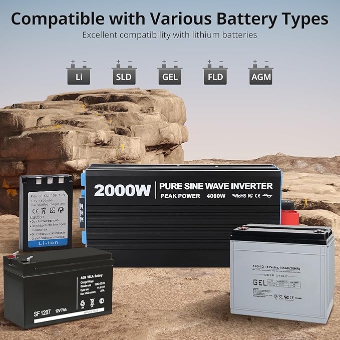 2000W Pure Sine Wave Inverter, 1 USB Port 5v/2.1a,LCD Display&Remote Controller for Home, RV, Truck