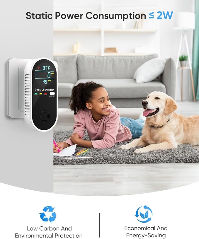 Vilfet Carbon Monoxide Detectors & Natural Gas Detector, 4-in-1 Carbon Monoxide Detectors Plug in, Gas Leak Detector with Dual Alarms, Temperature & Humidity Sensor for Home, RV, Black, 1 Pack