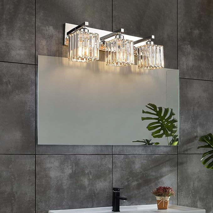 FDPBY Modern Bathroom Vanity Light 3-Lights Chrome Crystal Bathroom Wall Light Vanity Light Fixtures，20.47-inch Modern Minimalist Design