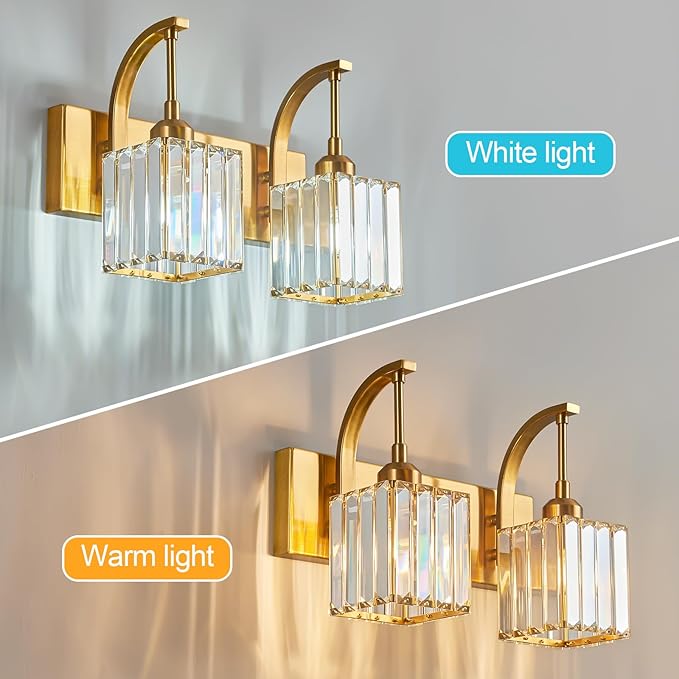 FDPBY Crystal Vanity Lights 2-Light Gold Wall Lamp Modern Crystal Bathroom Light Fixtures Over Mirror 13.77" Long Bathroom Wall Sconce