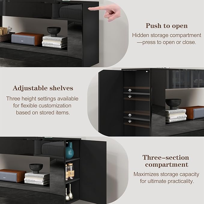 Vavkorkula High Gloss TV Stand for 65 Inch with 2 Large Drawers & Hidden Storage Cabinets, Modern Entertainment Center Television Stands for Living Room Bedroom, Black