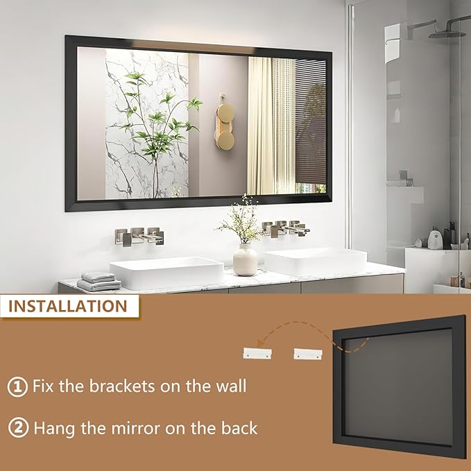 SMIROR Matte Black Bathroom Mirror for Over Sink 66x 36 inch, Metal Thick Frame Rectangle Vanity Mirror for Wall, Anti-Rust, Horizontally or Vertically Mounted