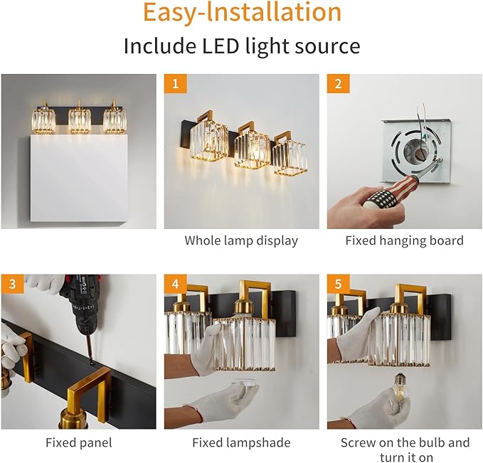 FDPBY Modern Bathroom Vanity Light 3-Lights Black Gold Crystal Wall Lamp Bathroom Modern Crystal Vanity Lighting
