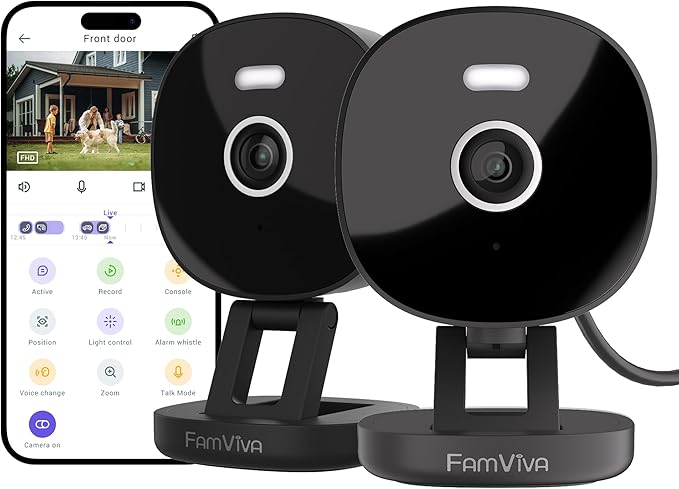 FAMVIVA 2K Security Camera, Outdoor/Indoor for Home, Pet, Baby, Nanny, IP65 Waterproof Color Night Vision, White Light & Siren, Recording, Motion Detection, Compatible with Alexa,Black-2P