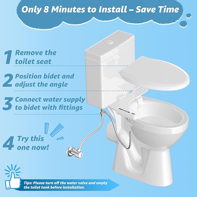Ultra-Slim Bidet Attachment for Toilet, Non-Electric Dual Nozzle (Rear & Feminine Wash), Adjustable Fresh Cold Water Pressure, Stainless Steel Inlet, Easy to Install(Black & White)