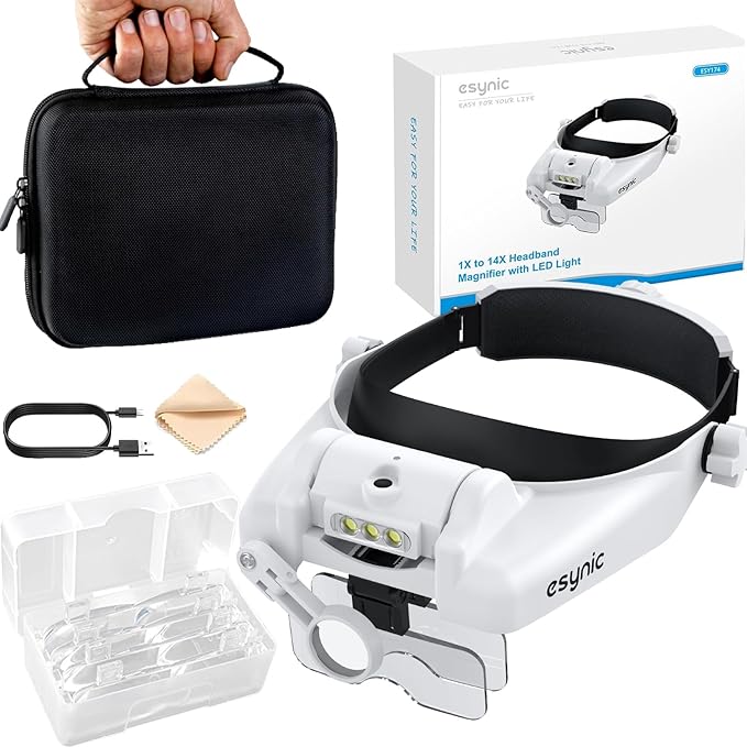 eSynic Comfortable Head Magnifier with Light Storage Case Rechargeable 1X-14X 5 Acrylic Lenses Double Lens Design Adjustable Headband Magnifying Glass for Reading Crafts Jewelry Repair Close Work