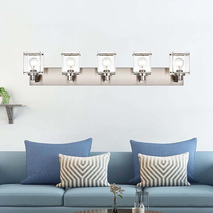 WINSHEN 5-Lights Brushed Nickel Bathroom Wall Light with Clear Glass Shade, E26 Bulb Base Vanity Lighting Fixtures Over Mirror for Kitchen Cabinet Bedroom
