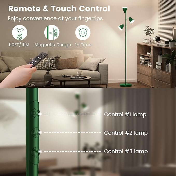 SIBRILLE 36W LED Tree Floor Lamp, Dimmable Tall Standing Lamp with Remote & Touch Control, 4 Color Temperatures Bright Floor Lamp, 3 Rotatable Light Modern Floor Lamps for Living Room Bedroom Office