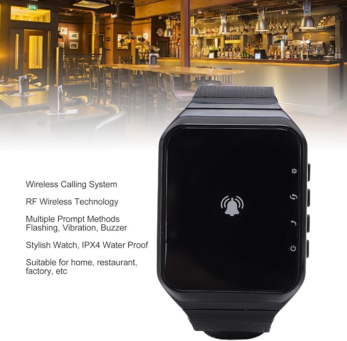 Yunseity Wireless Calling System, 1 Watch Receiver 1 Key Transmitter, Including Flashing, Vibration, and Buzzer, IPX4 Water Proof, for Home, Restaurant, Factory