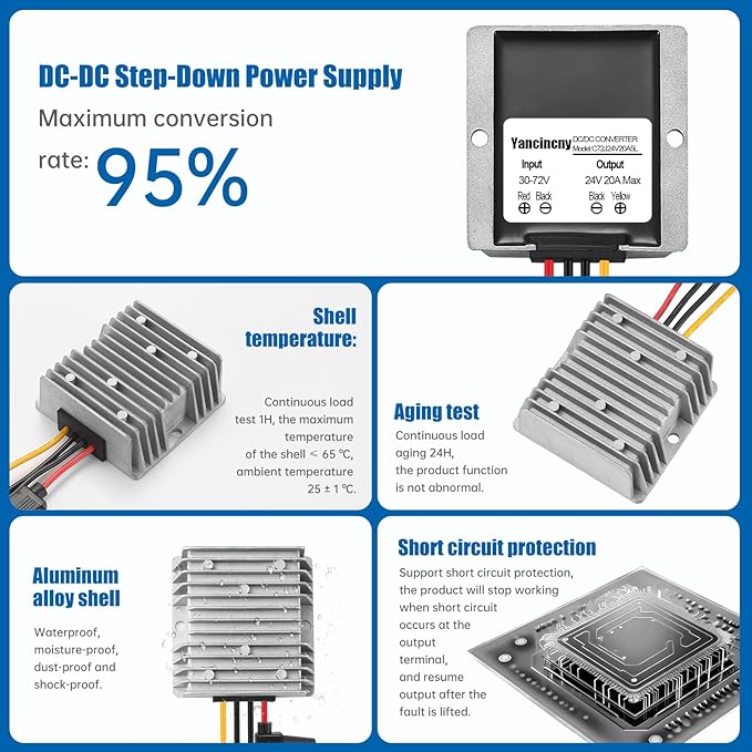 Yancincny 20A 480W 24V DC 36V/48V/60V/72V Step Down to 24V 20A 480W DC Converter Regulator Power Supply Module Buck Transformer Volt Module, Waterproof Voltage Reducer for Golf Cart