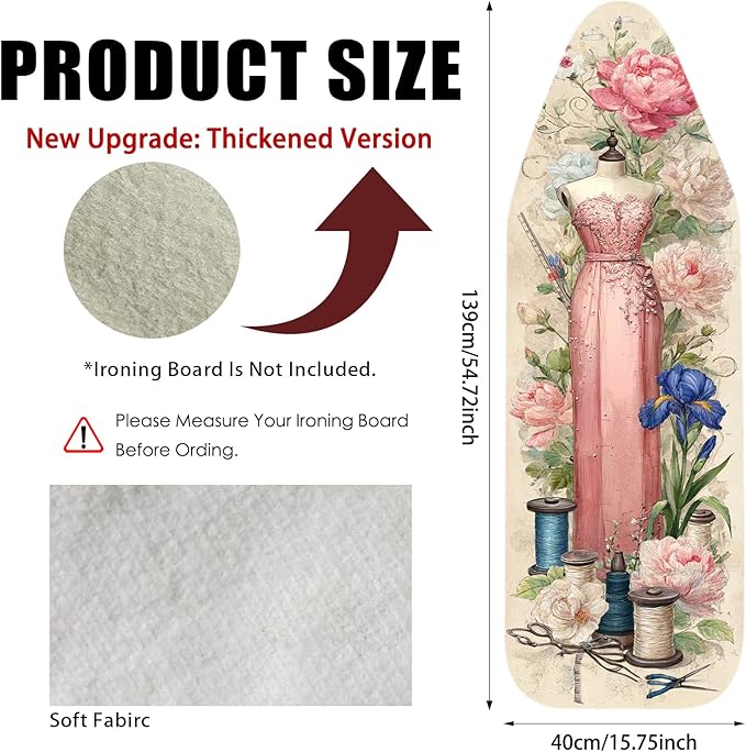 Nuxovilar Ironing Board Cover Needle Cotton 15x54 Inches | Ironing Board Cover and Pad Floral Gown Design Needle Cotton for Bedroom, Dressmaking Area, Laundry Room