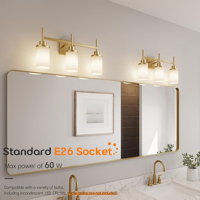 AONEON Bathrom Light Fixtures Modern Gold 3 Vanity Lights Over Mirror, Wall Lamps with White Frosted Glass Shade for Toilet Washroom Bath T001GD-L3