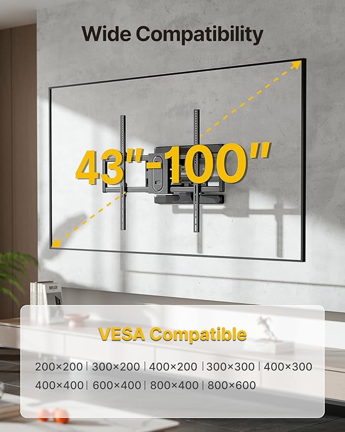 monTEK Heavy Duty Full Motion TV Wall Mount for 43–100 Inch TVs Pre-Assembled Bracket with Tool-Free Tilt Swivel & Extension Max VESA 800x600, 150lbs 4X Strength Tested Fits 16/18 Inch Studs, HW1276BK