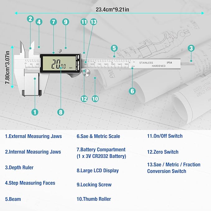 Raynesys Digital Caliper 6 Inch with Large LCD Screen, Inch/MM/Fraction Conversion, 150mm Micrometer Caliper All Stainless Steel Diameter Measuring Tool for Jewelers/Woodworkers/DIY
