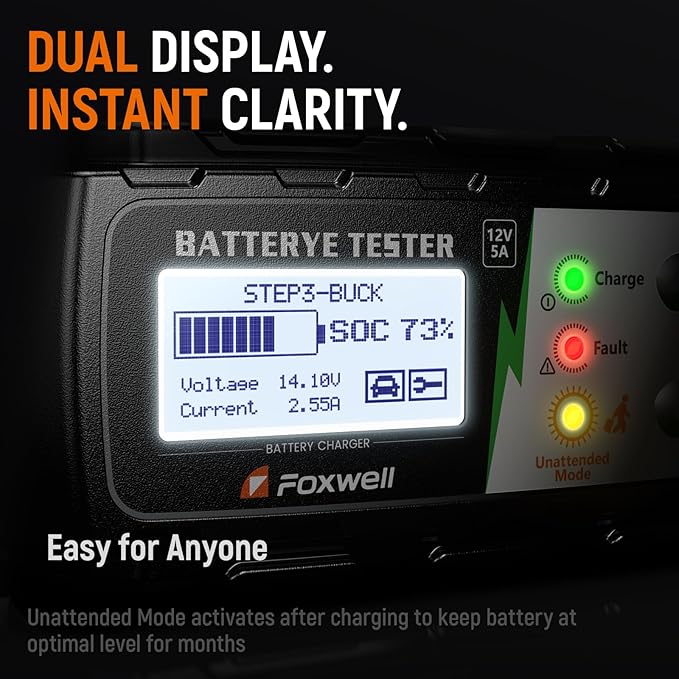 FOXWELL BC521 5A 12V Battery Charger & Tester, 4-in-1 Battery Maintainer, Trickle Charger & Starting/Charging System Tester, Smart 8-Stage Charging, Pulse Repair, Unattended Mode for Car/RV/Motorcycle