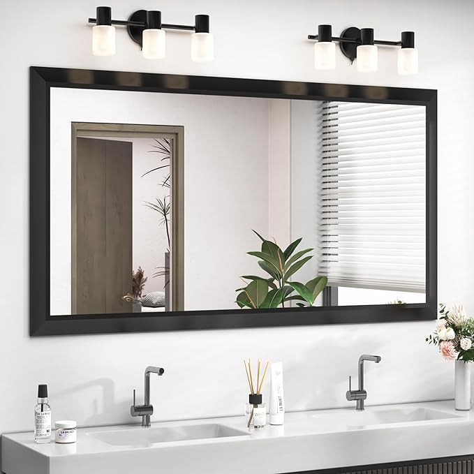 SMIROR Matte Black Bathroom Mirror for Over Sink 60x 36 inch, Metal Thick Frame Rectangle Vanity Mirror for Wall, Anti-Rust, Horizontally or Vertically Mounted