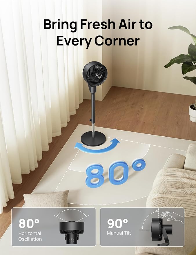 Dreo Fan for Bedroom, 80° Oscillating Standing Fan, 25dB Quiet, 80ft Pedestal Fans for Home Office, 90° Manual Vertical, 3 Speeds, Remote, 34-41" Adjustable Height, Air Circulator