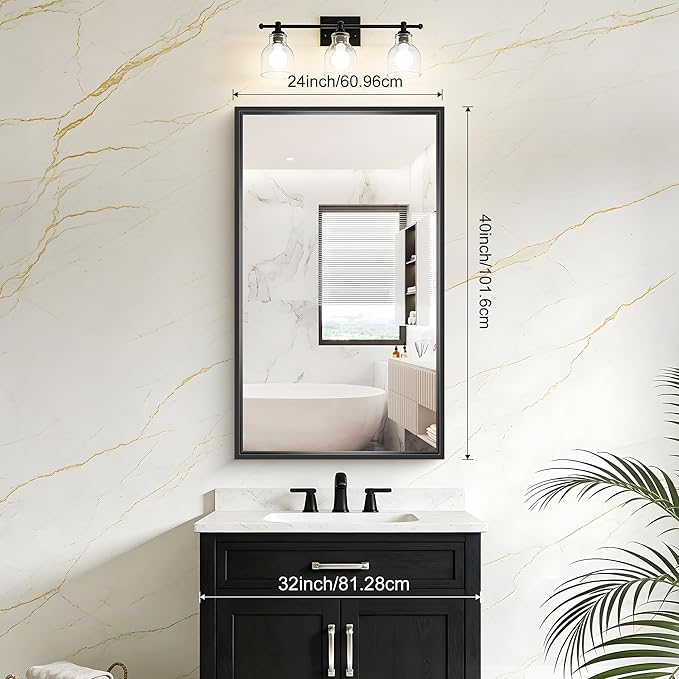 Bathroom Mirror, 40x24 Inch Brushed Black Rectangle Mirror, 0.6" Thickened Deep Metal Framed Vanity Mirrors for Bathroom Sink, Shatterproof Tempered Glass, Antirust, Horizontally or Vertically