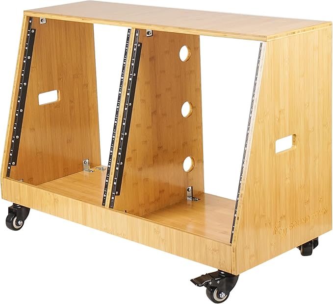 Sound Town DIY 2 x 12U Slanted Studio Rack with Solid Carbonized Bamboo, Casters, for Recording Room, Home Studio (STBR-D12T)