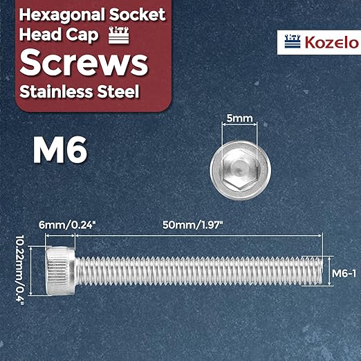 Kozelo 10pcs Socket Head Cap Screws - [M6-1 x 50mm] 304 Stainless Steel Allen Socket Drive for Electrical Motor 3D Printing Fan Engine Replacement Use, Silver