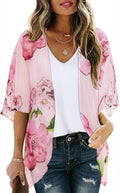 Women's Floral Print Puff Sleeve Kimono Cardigan Loose Cover Up Casual Blouse by CHICGAL