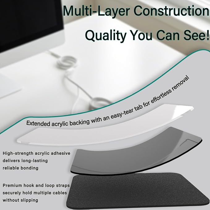 Under Desk Cable Management, Adjustable Hook and Loop Cord Ties, Reusable Wire Organizer, Low-Profile Cable Hider for Cord Management System (20)