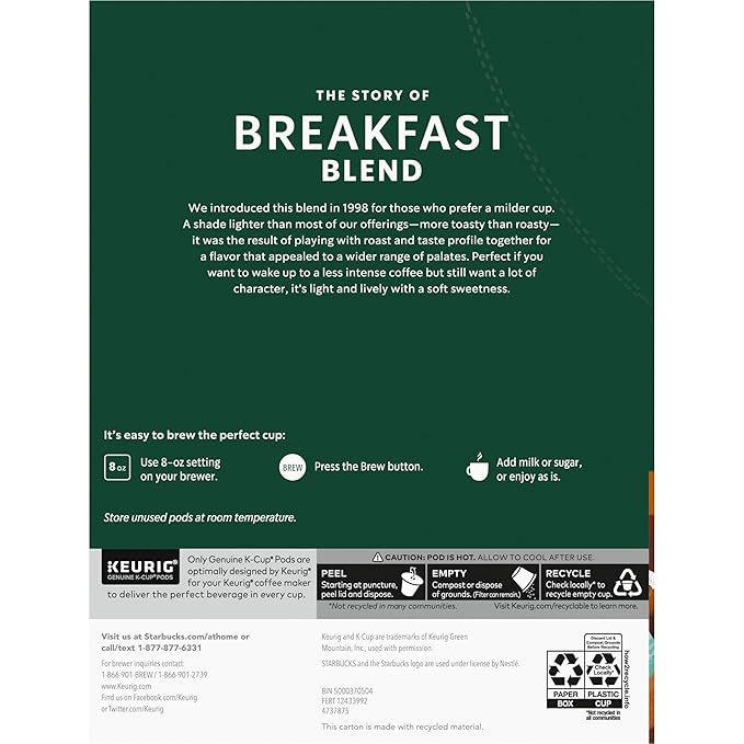 Starbucks K-Cup Coffee Pods, Medium Roast Hot or Iced Coffee, Breakfast Blend, 96 Keurig Pods