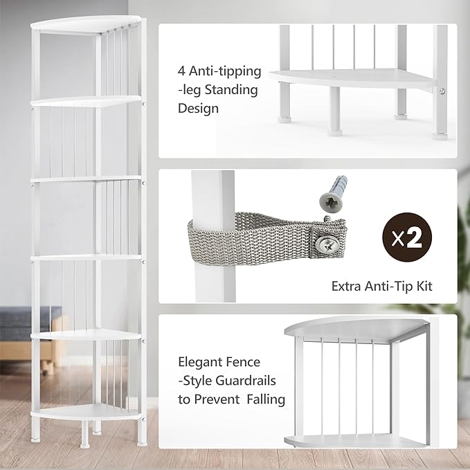 MonaSixy 6 Tier Corner Shelf with Light, Music Synic 60000 DIY LED Color Smart Remote Tall Display Shelves Corner Shelf Stand Bookshelf Wood Rack Metal Frame for Living Game Room Bedroom, White