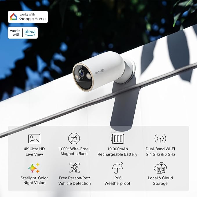Tapo MagCam 4K Outdoor Wireless Security Camera - Up to 200-Day Battery, Magnetic Mount, Person/Vehicle Detection, Subscription-Free Local Storage or Optional Cloud, Works with Alexa, C460