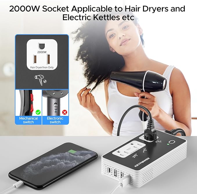 KEY POWER 2000W Voltage Converter US to Europe, 220V to 110V Converter for European Travel for Hair Dryer Straightener Curling Iron,International Universal Power Adapter with Type C, E/F, G, I, A.